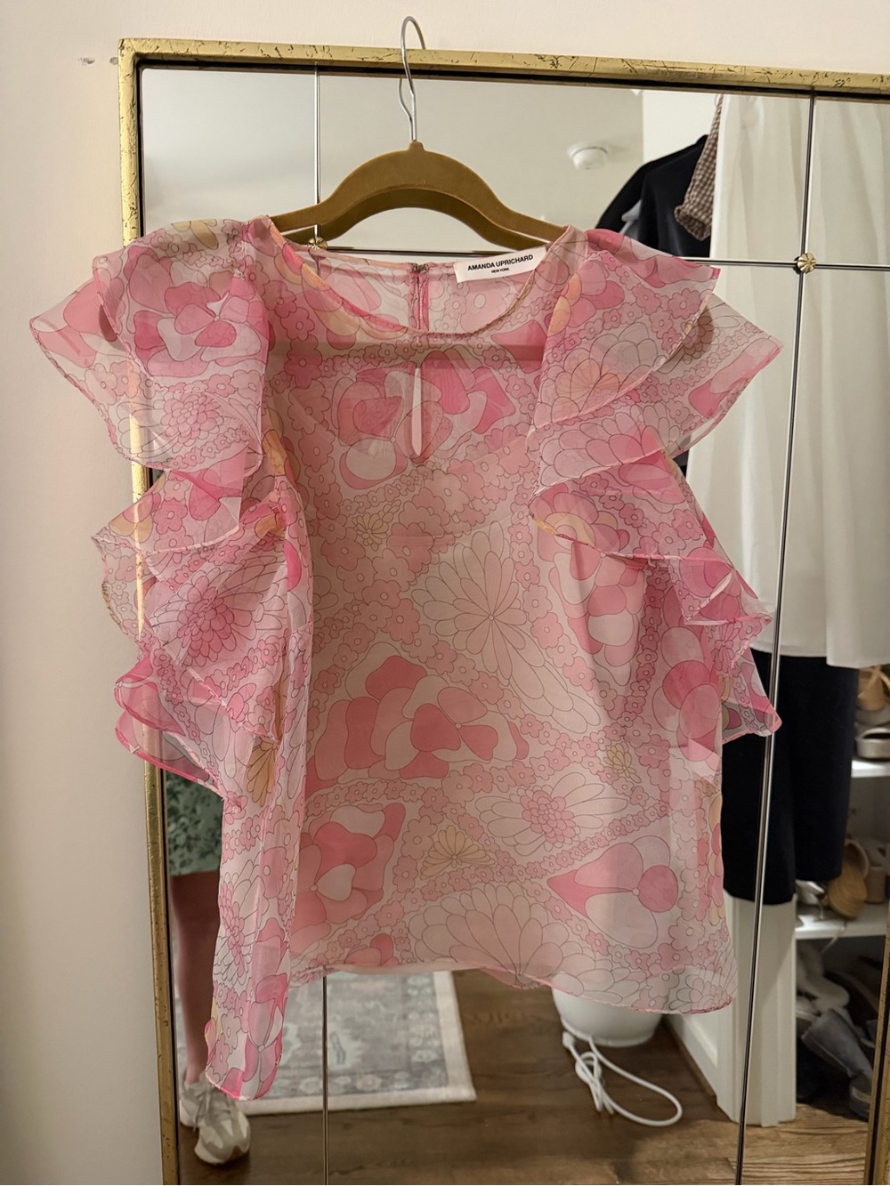 Amanda Uprichard Pink Floral Ruffle Sleeve Top